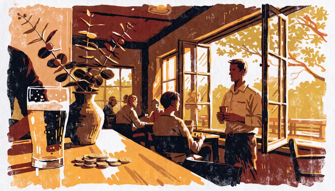 Australian pub lounge with beer, coins, and eucalyptus decor