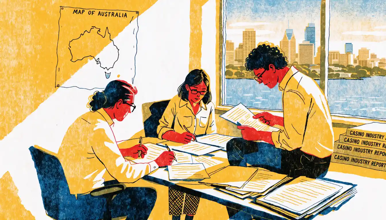 Editorial team reviewing casino industry documents in a sunlit Sydney workspace