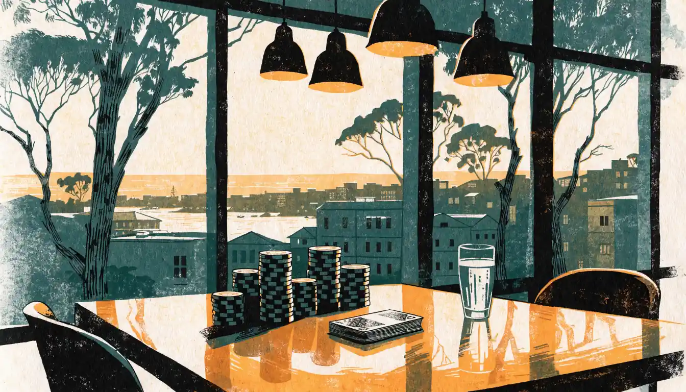 Casino lounge with poker chips and harbour view in Australia
