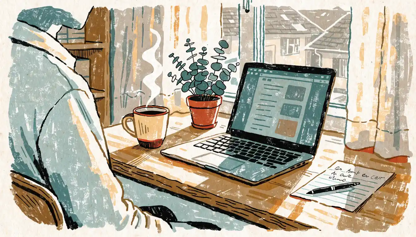 Sunlit home office desk with laptop, coffee mug, and eucalyptus plant in an Australian home.