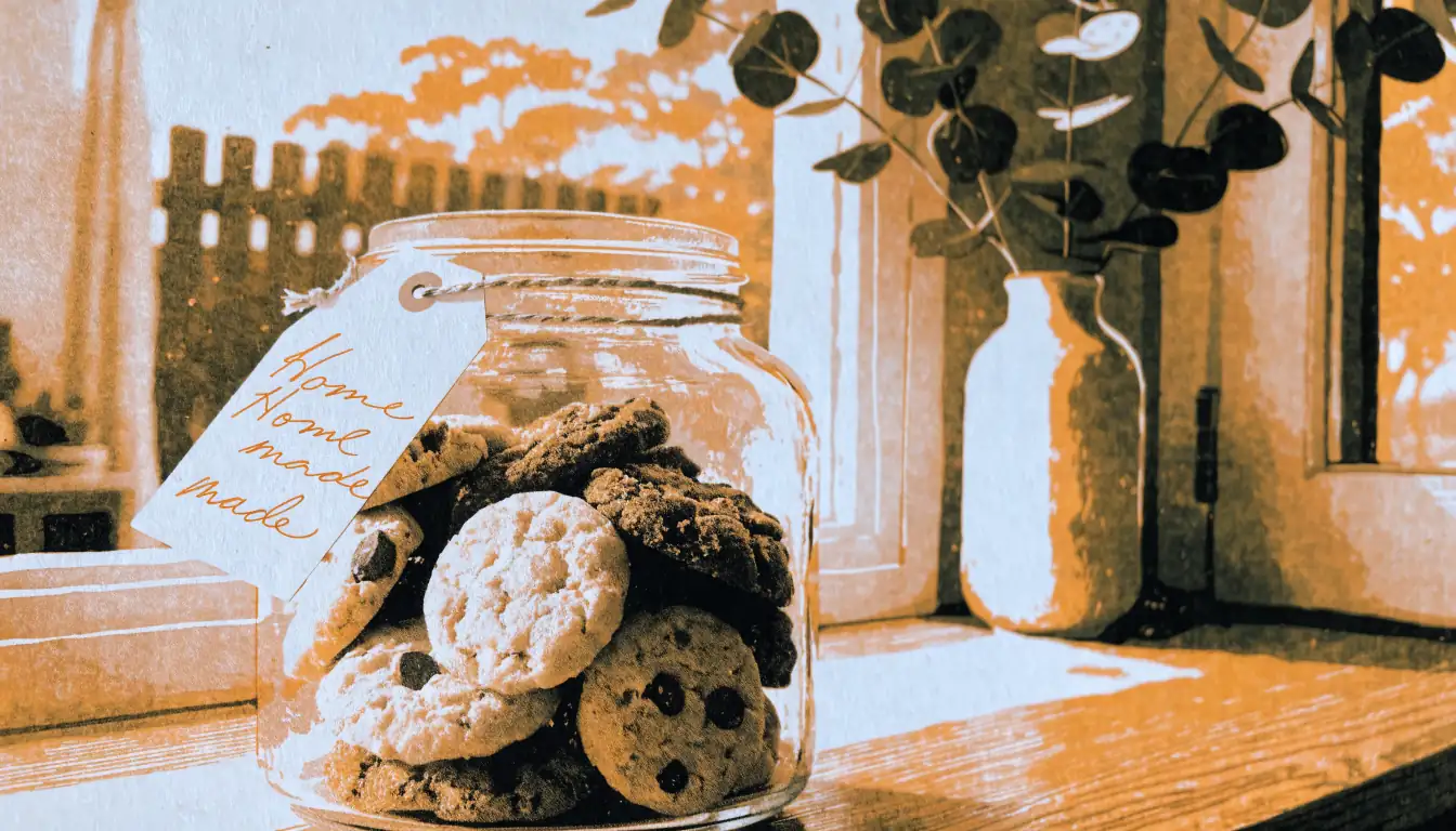 Glass jar of assorted cookies on a sunlit Australian kitchen bench with eucalyptus in the background.