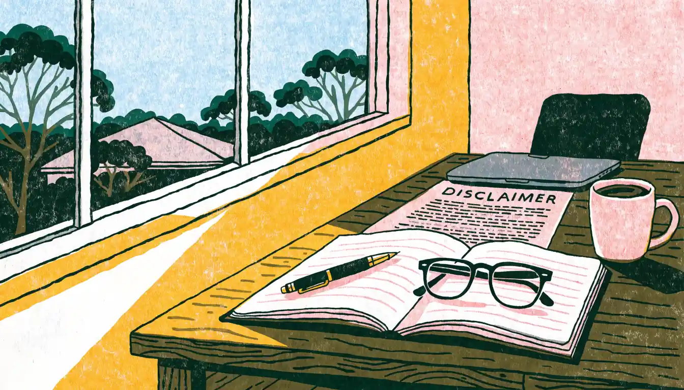 Notebook, printed disclaimer document, and glasses on a sunlit Australian desk.
