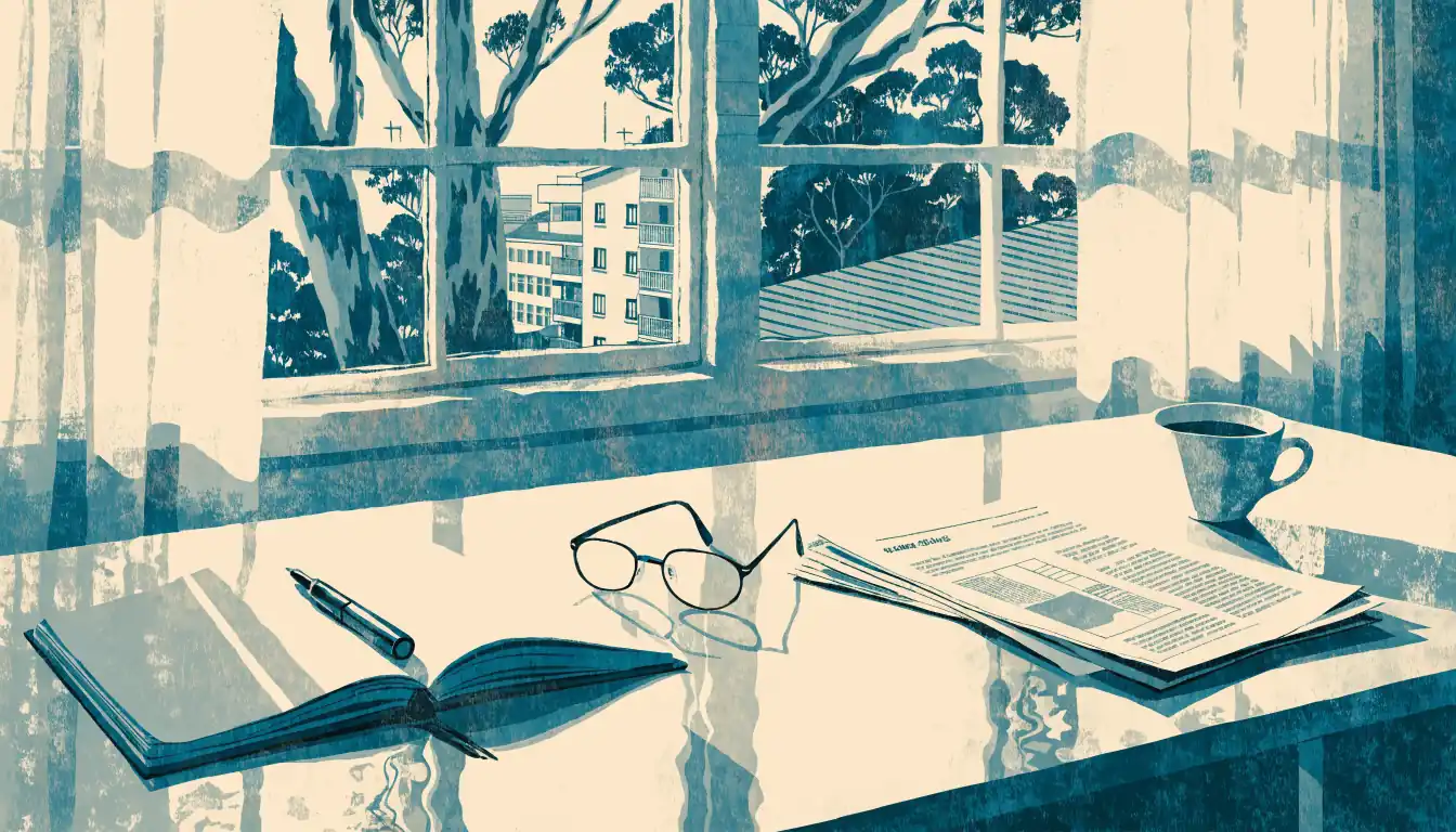 Editorial desk with notebook, glasses, and printed pages in a sunlit Australian office.
