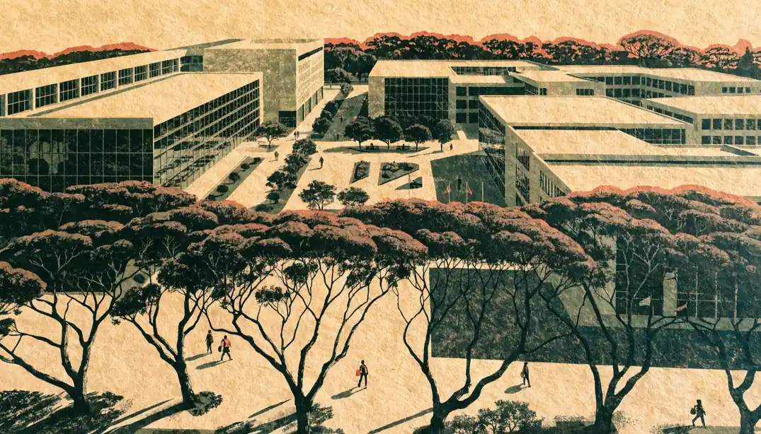 Overhead view of a multi-building Australian government complex amid eucalyptus trees.