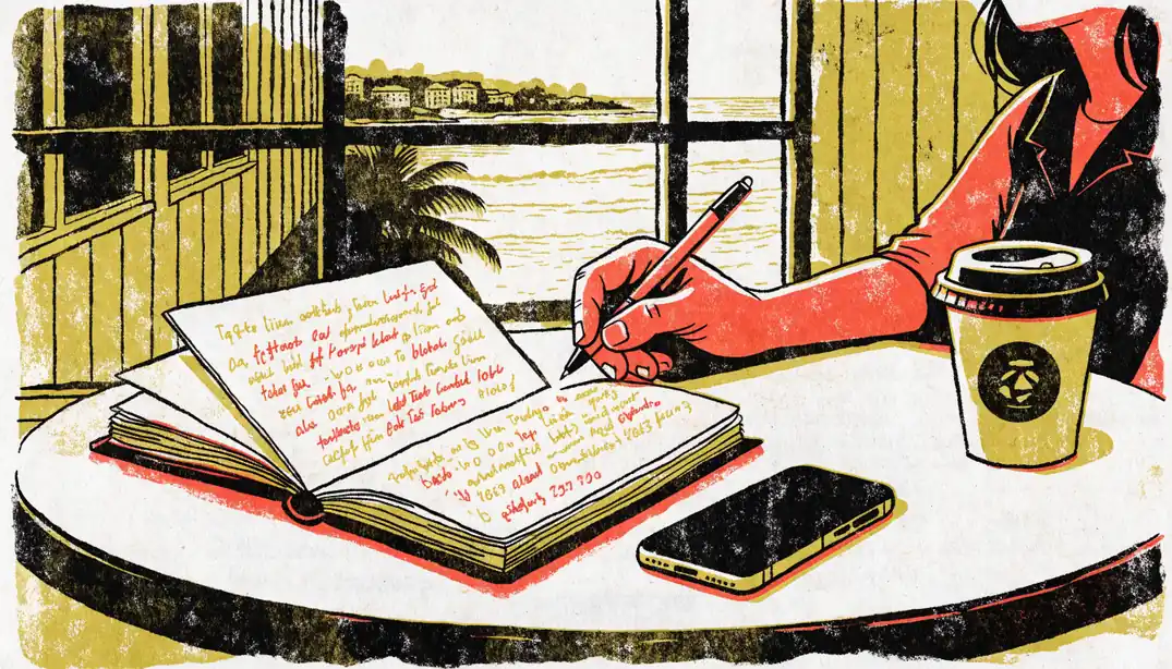 An open notebook of promotional codes on a café table near the Australian coast.