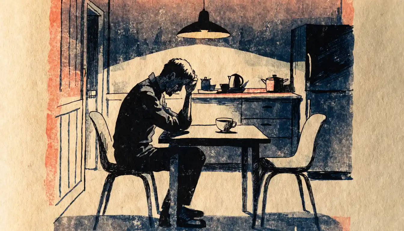 A man sitting alone at a kitchen table in dim evening light.