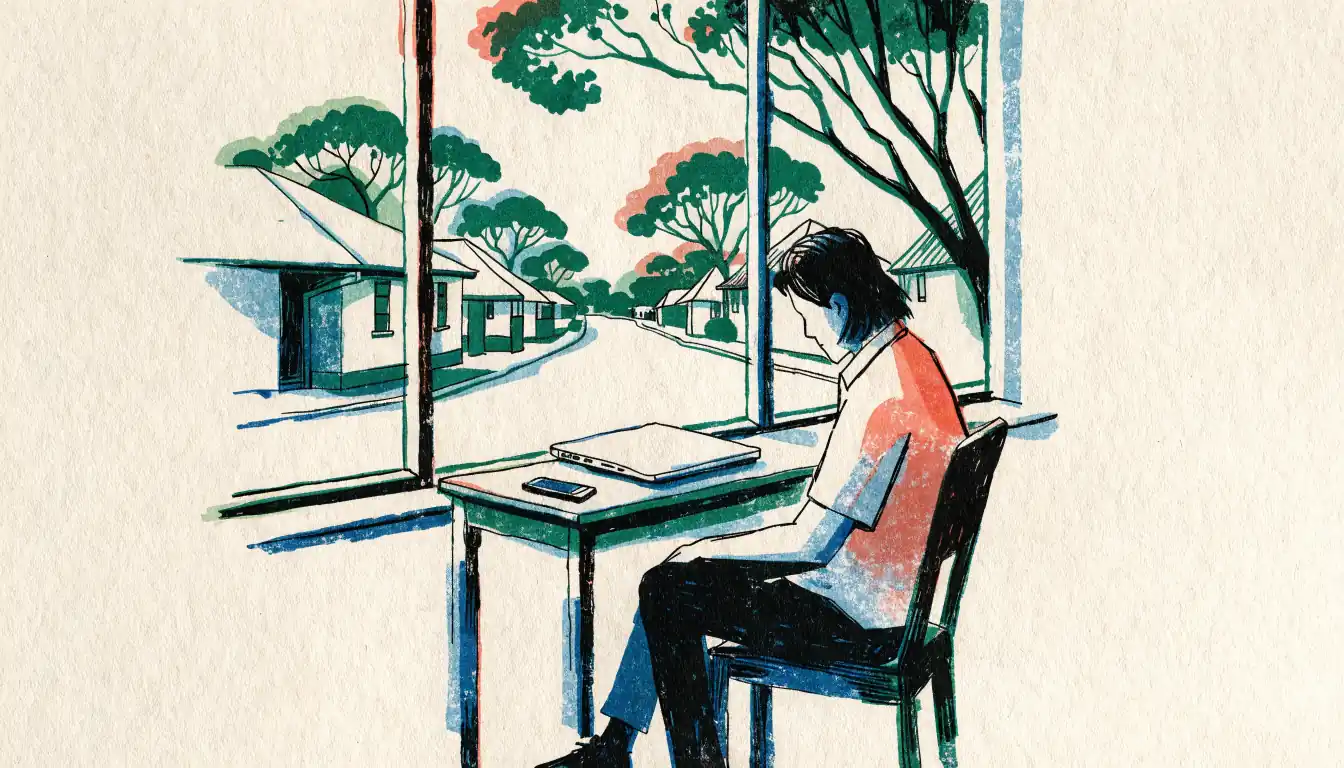 Person pausing screen time at home, thoughtful mood near window